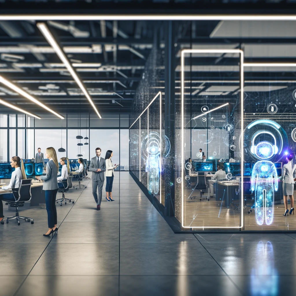 DALL·E 2024-02-18 15.52.48 – A modern, sleek office space filled with advanced technology and AI interfaces, showing a diverse team of professionals engaging with digital screens
